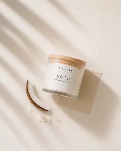 Vela Coco da Amaris em pote de vidro com tampa de madeira