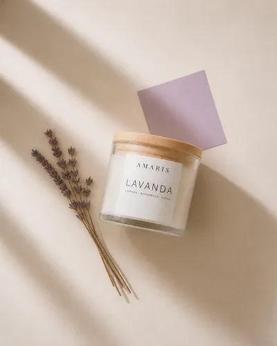 Vela Lavanda da Amaris em pote de vidro com tampa de madeira